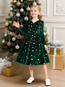 女孩休闲优雅百搭 V 领连衣裙，带有散落的银色工艺、星星图案，背面有银色蝴蝶结，适合派对、郊游、散步、通勤，可搭配夹克、外套 - 綠色 - 查看 9