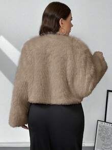 SHEIN Privé 秋冬大码女式仿皮草无领夹克 - 卡其色 - 查看 11