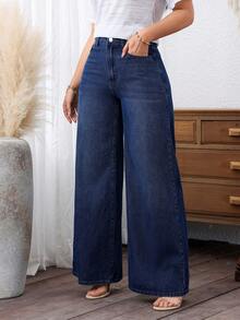 EMERY ROSE Plus Size Women Casual Pockets Loose Denim Wide Leg Pants Winter New Year - Dark Wash - View 7