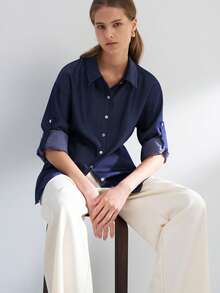 Airaco Women's Rolled Sleeve Single-Breasted Casual Loose Denim Effect Shirt - Navy Blue - View 5