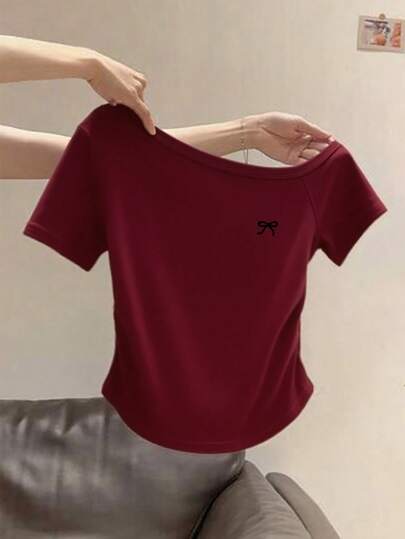 Glimmora Women's Summer New Sexy Asymmetric-Shoulder Bowknot Embroidery Ruffle Slim Fit Revealing Shoulder T-Shirt