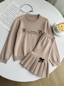 Souflis Souflis 年轻女孩标语和蝴蝶结装饰长袖毛衣和针织迷你裙休闲套装，秋冬 - 卡其色 - 查看 4