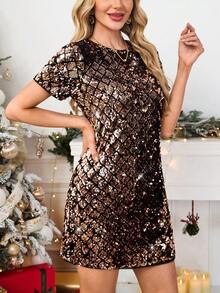 SHEIN Clasi Women's Elegant Sequin Mini Dress, Shiny Suitable For Party, Christmas, New Year Occasions Elegant Dresses For Party New Year Wear Gold Dress Sparkly Dress Gold Sequin Dress Christmas Dress New Year Clothes Elegant Party Dresses For Women,Dresses For Women Elegant