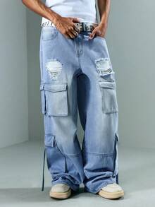 ROMWE MEN Street Life Herren Lässig Mode Straße Zerrissene Klappe Tasche Locker Weites Bein Cargo Jeans - Blau - Übersicht 7