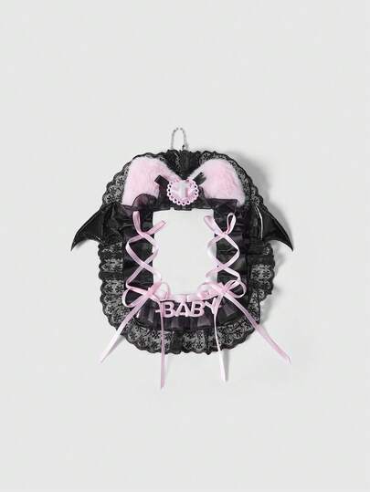 Black Lace Bowknot Letter Cross Contrast Color Cat Ear Bag Charm Card Holder, Casual Fashion Anime Multifunctional For ID Card, Photo