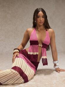 SHEIN Glamour Pink Stripe,Autumn,Boho,Vacation,Holiday Ladies' Elegant Knit Sleeveless Top & Long Hem Skirt Two Pieces Set,Fashion Crochet Party Outfit - Multicolor - View 5