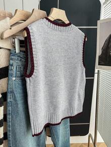 Franclia 女式休闲宽松圆领无袖针织撞色饰边卡其色毛衣上衣，春秋季 - 淺灰色 - 查看 2