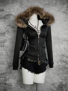 StreetHx 女士黑色保暖内衬束腰毛领夹克，Y2K 叛逆风，朋克摇滚风，修身舒适，适合万圣节，2000 年代街头服饰，长袖连帽修身款