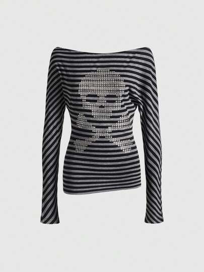 Grunge Punk Sexy Striped Skull Studded Boat Neck Batwing Sleeve Fitted Top