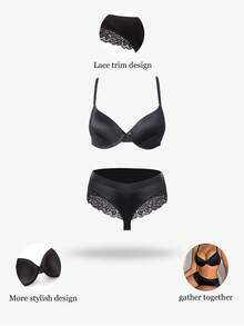 1 Set Women's Underwear With Underwire Bra + Thong Panty, Black - Black - View 1