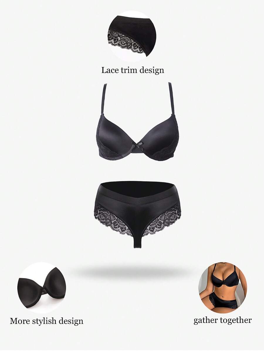 1 Set Women's Underwear With Underwire Bra + Thong Panty, Black - Black - View 1