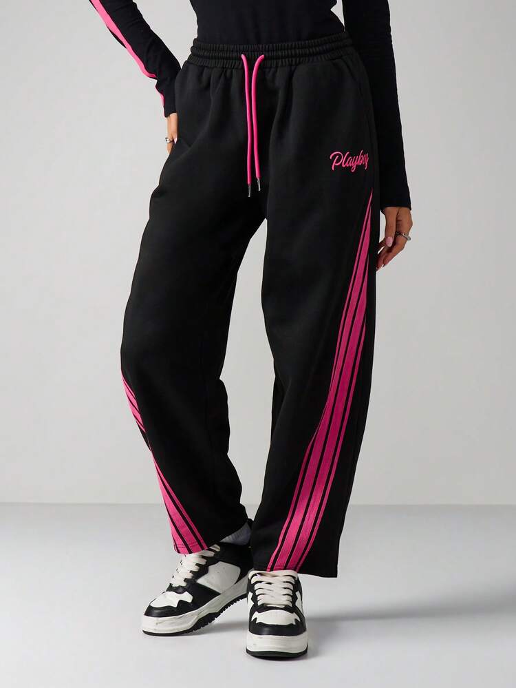 Missguided x Playboy Calça Jogger com Cordão e Detalhe de Listras Laterais, Caimento Relaxado, Calça de Moletom para Uso Casual