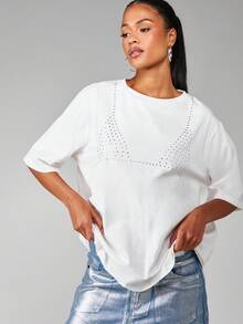 MISSGUIDED Tricou de vară pentru femei, cu mânecă scurtă, cu guler rotund, supradimensionat, cu detalii stras, stil casual, stil simplu - alb - Vizualizare 1