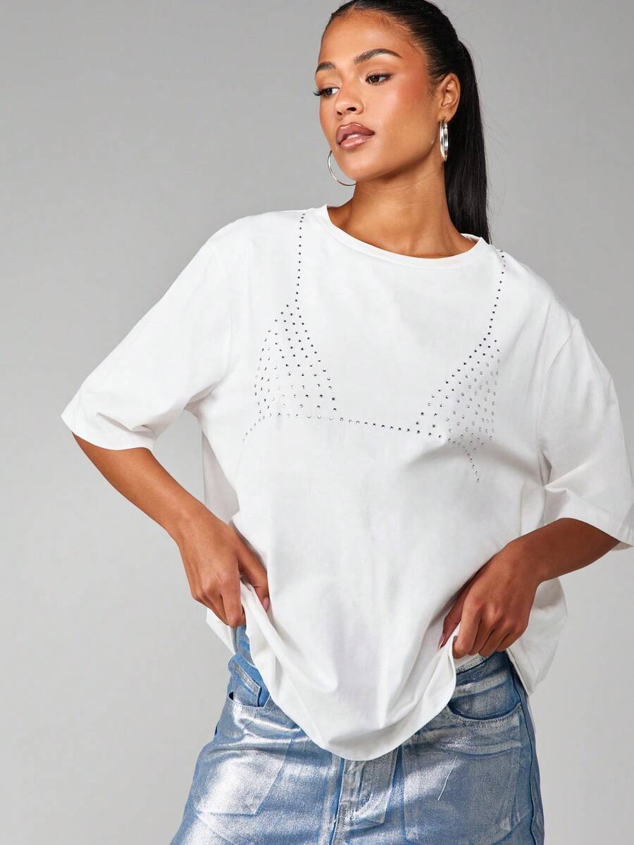 MISSGUIDED Tricou de vară pentru femei, cu mânecă scurtă, cu guler rotund, supradimensionat, cu detalii stras, stil casual, stil simplu - alb - Vizualizare 1