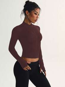 Dewbera Women's Casual Running Fitness Sports Jacket Brown Gym Top Brown Athletic Top - Rust Brown - View 5