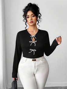SHEIN Elenzya Áo thun bó eo cao cấp cổ tròn tay dài màu tương phản cỡ lớn dành cho nữ mặc thường ngày - Đen và trắng - Xem 5