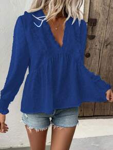 Breezaya Women's Deep V-Neck Puff Sleeve Cutout Blouse