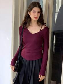 Dazy Kids Teen Girl Casual Everyday Commute Minimalist Solid Color Ribbed Asymmetrical Neck Fitted T-Shirt, Spring/Autumn - Red Violet - View 4