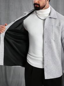 Manfinity CasualCool Jaket Kasual Pria Lengan Panjang Kancing Tunggal Warna Polos dengan Saku, Musim Gugur/Dingin - Light Grey - View 7