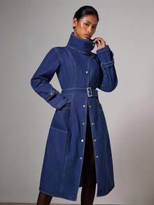 COSMINA 女式休闲前扣立领牛仔夹克，秋季 - 藏蓝色 - 查看 3