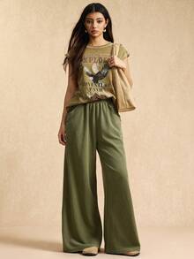 Easelle 复古游牧水洗宽松高腰阔腿舒适女式运动裤 - 彩色 - 查看 5