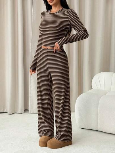 Aloruh Women's Casual Homewear Pajama Set, Includes Striped Crew Neck Long Sleeve Tee And Loose Striped Straight Leg Pants, Suitable For Daily Wear, Sports, Autumn/Winter, Back To School Clothes Brown Striped Two Pieces Set