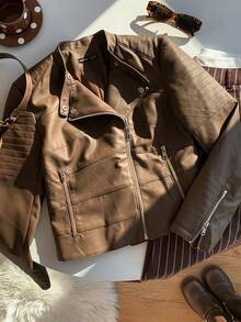 Comfortcana Autumn And Winter Women's Casual Brown Zipper Pu Motorcycle Jacket Coat - Brown - View 4