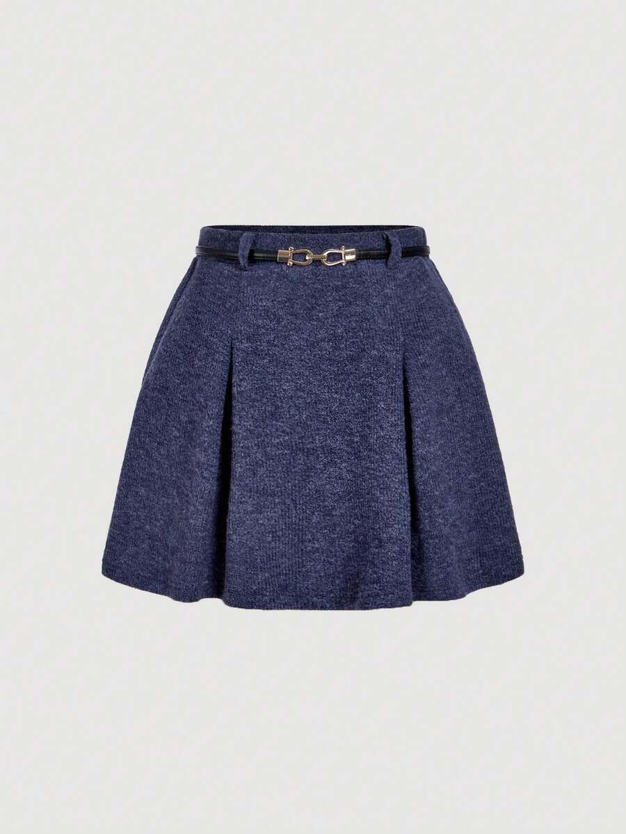 SHEIN MOD Rok A-Line Bahan Fleece Rajut dengan Sabuk Logam Pinggang Tinggi, Musim Gugur/Dingin - Navy Blue - View 1