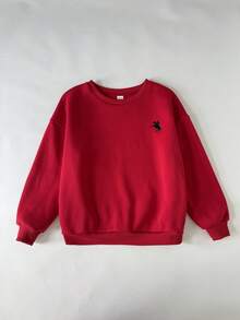 SHEIN 女童服装纯红色圆领刺绣运动衫搭配格子百褶裙女童两件套，红色格子裙套装，圣诞裙套装 - 紅色 - 查看 8