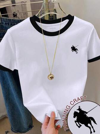 Franclia Women's Casual Contrast Trim Knight Print Round Neck Short Sleeve T-Shirt, Summer