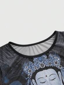 ROMWE Avant Vintage Chinese Style Buddha Print Tight Fit Women Long Sleeve T-Shirt - Multicolor - View 3