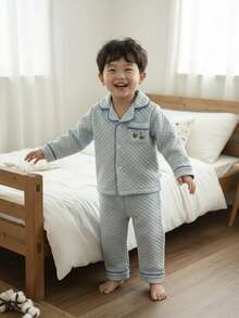 2pcs Baby Boys Autumn/Winter Outfit, Plaid Fleece Cardigan With Pockets & Cartoon Car Embroidery, Long Sleeve Top And Pants Set Baby Boy Blue Set Baby Car Outfit Blue Baby Boy Pajama Set Quilted Baby Boy Outfit - Blue - View 3