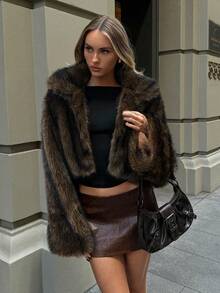 Aloruh Women's Retro Faux Fur Collar Open Front Plush Winter Coat, Fashion Outerwear,Women's Winter Clothes - Brown - View 3