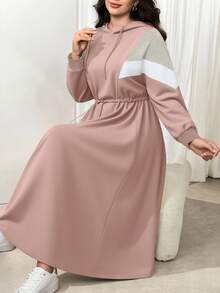Modelyn 大码撞色连帽休闲收腰长袖连衣裙，百搭秋冬装 - 粉色 - 查看 4