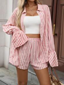 INAWLY 2pcs Women Casual Striped Front Button Shirt And Shorts Set Fall Cloth For Women - Pink - View 5