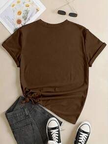 EMERY ROSE Plus Size Women Butterfly Print Short Sleeve Casual Round Neck T-Shirt - Coffee Brown - View 2