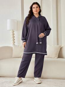 Veilorie 2 Pieces Set Plus Size Solid Color Hooded Sweatshirt And Pants 2 Pieces Set - Purple - View 6