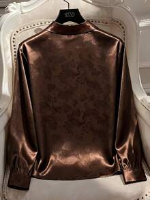 Franclia Elegant French Style Solid Color Satin Jacquard Blouse, Casual Everyday Wear, Office Commute, Suitable For Women, Spring/Autumn - Brown - View 2