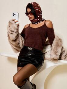 Lyxana Women's Off-Shoulder Soft Knit Camisole Top - Brown - View 5
