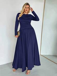 Auralis 大码长裙，秋季连衣裙，长袖连衣裙，高弹舒适连衣裙秋季女装秋季优雅女士连衣裙女士秋季连衣裙端庄端庄连衣裙 - 藏蓝色 - 查看 4