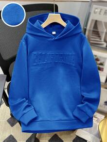 SHEIN Teen Boys' Casual Hooded Sweatshirt, Embossed English Text, Long Sleeve, Autumn, Winter, Sports, Baby Blue, Y2k, Graduation, Back-To-School, Versatile Sweatshirts - Royal Blue - View 9