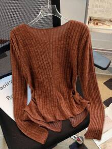 GlowEve CURVE Plus Size Women Casual Versatile Striped Knit Crew Neck Long Sleeve Ruched Waist Slit Top - Brown - View 2