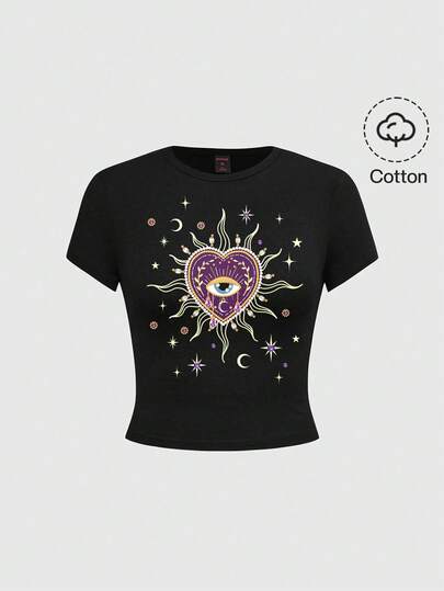 Goth Gotisches Herz, Lila, Dunkel, Mysteriöses Auge, Edelstein Träne, Sonne & Mond Design IP Grafik Schwarz Slim Fit Damen T-Shirt