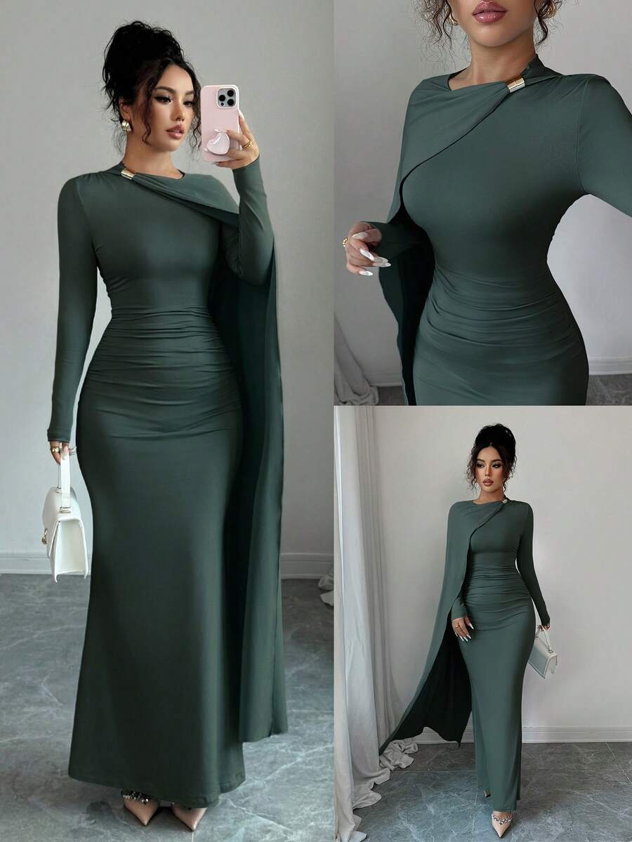 Elenzga Váy dự tiệc sinh nhật màu xanh da trời thanh lịch mùa hè mới, váy dài xếp ly eo đa năng dành cho nữ - màu xanh lá - Xem 1