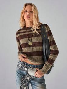 SHEIN TRNDY 1 件女式套头毛衣，棕色，复古简约通勤风格，圆领，拼色条纹长袖，针织，休闲，秋冬 - 棕色 - 查看 1