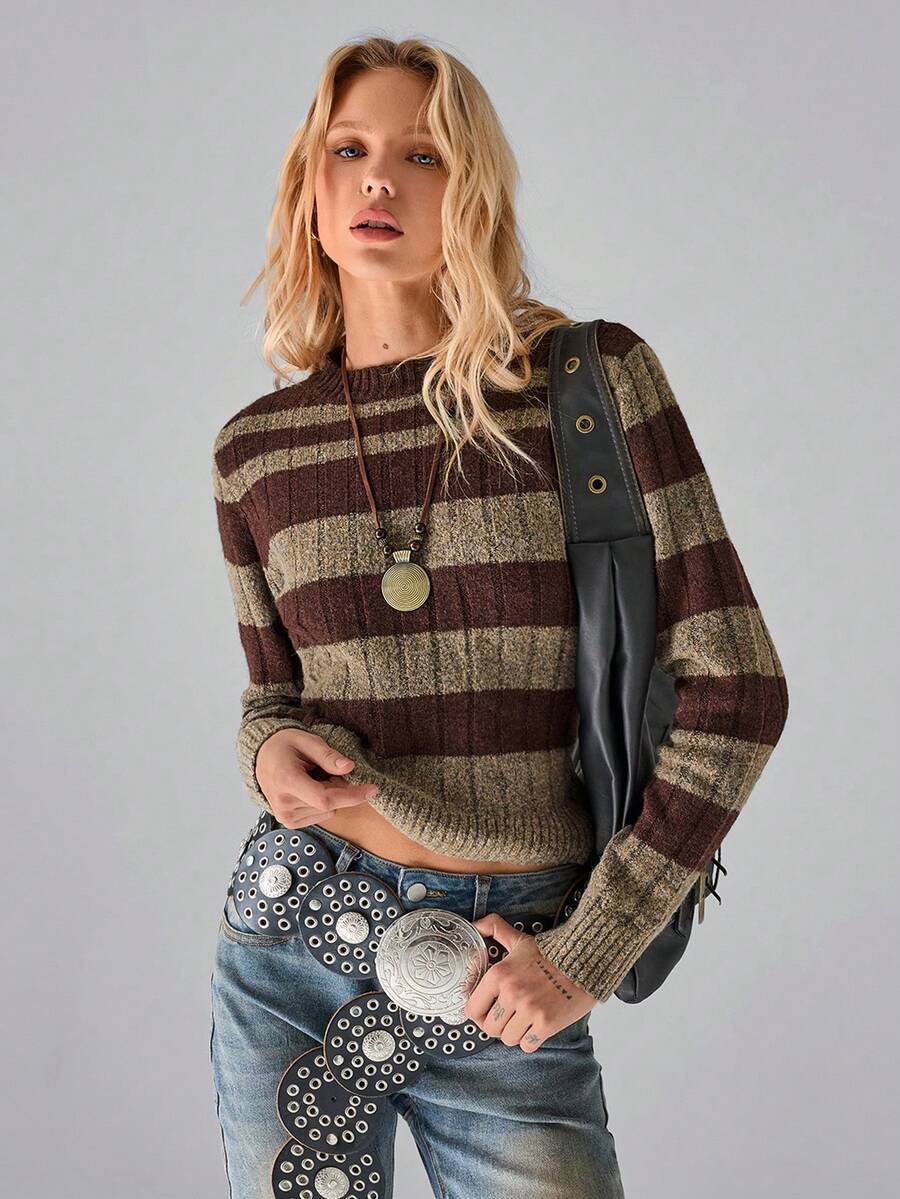 SHEIN TRNDY 1 件女式套头毛衣，棕色，复古简约通勤风格，圆领，拼色条纹长袖，针织，休闲，秋冬 - 棕色 - 查看 1