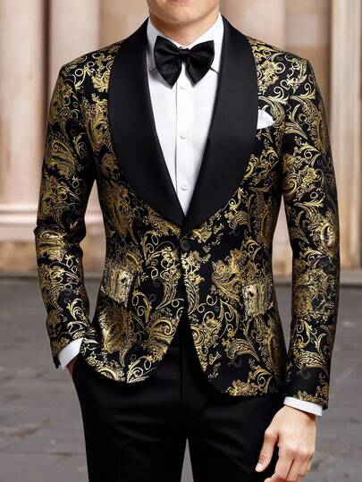 SHEIN 2 件套青少年男孩正式修身西装，包括金箔长袖西装外套和休闲黑裤，适合宴会、主持、歌手表演、派对、走秀、洗礼、商务、生日、婚礼、毕业典礼等场合，四季皆宜