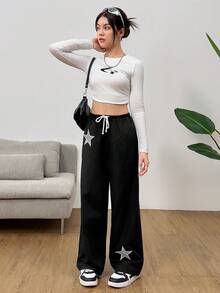 SHEIN 青少年女孩黑色星星贴片撞色抽绳编织休闲风裤，街头运动百搭长裤 - 黑色 - 查看 6