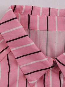 Franclia Damen Große Größen Lässig Hemd mit rosa, schwarzen und weißen gestreiften dekorativen Knöpfen - Pink - Übersicht 3