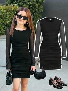 Firerie Kids Firerie Kids Tween Girls Black Solid Color Round Neck Long Sleeve Mesh Mini Snug Fit Ruched Dress, Autumn/Winter Mesh Dress Women Long Sleeve Dress Bodycon Dress Black Dress Long Sleeve Dress - Black - View 6
